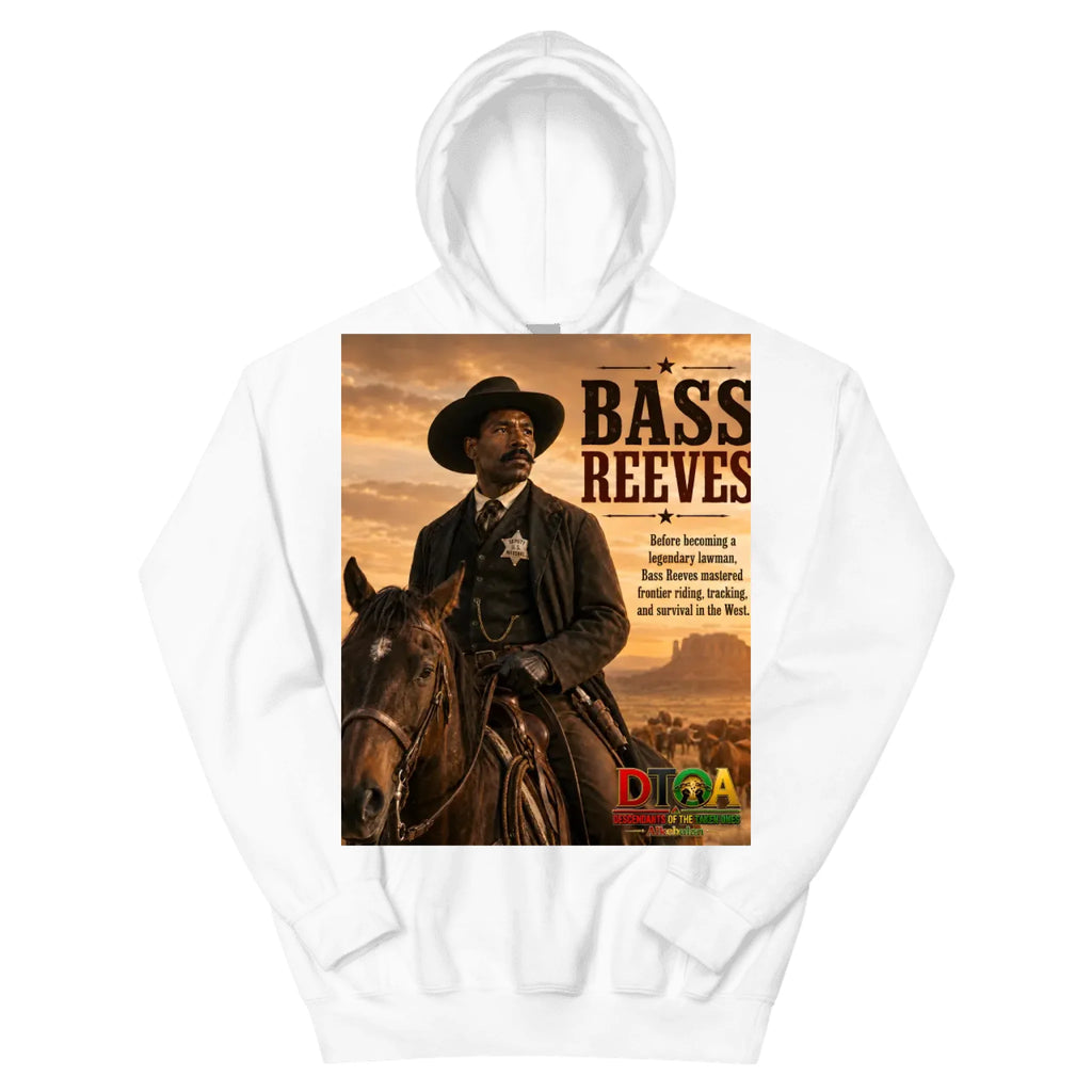 Front view of custom Black history hoodie with DTOA Bass Reeves artwork