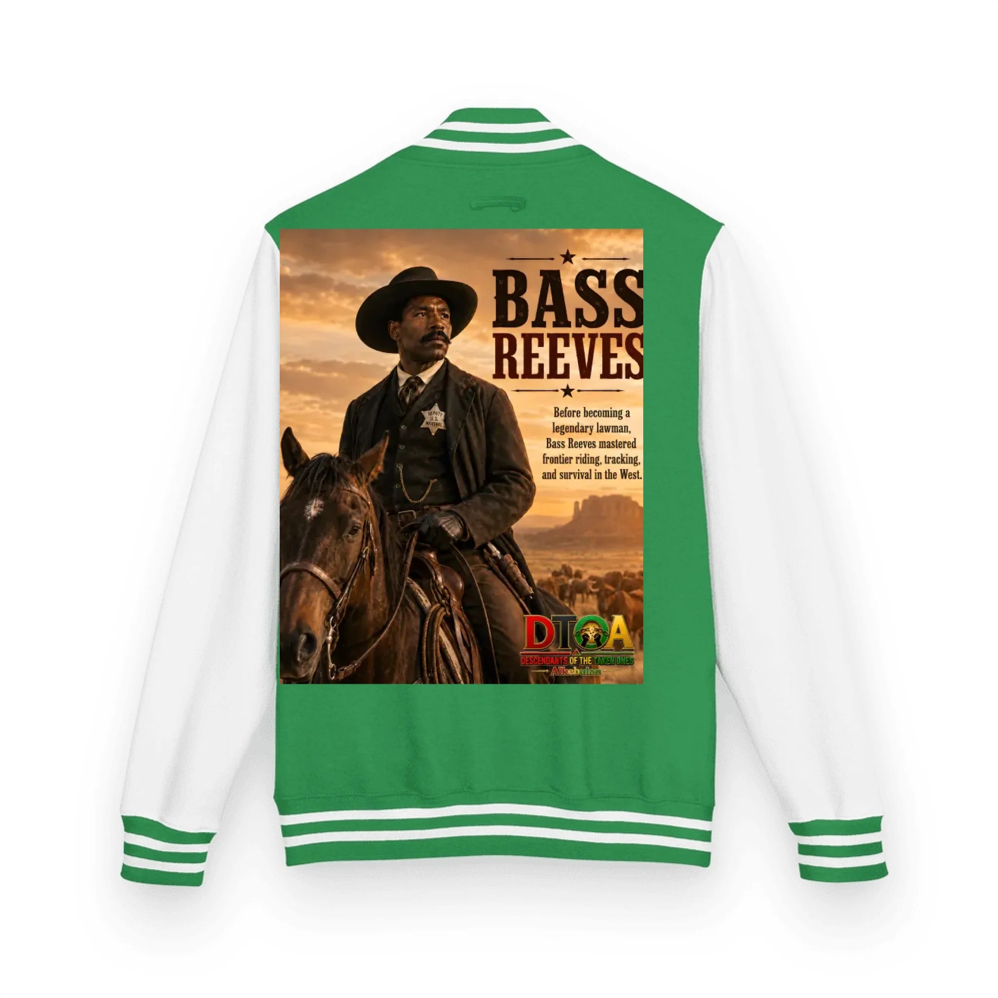 Custom Black History letterman jacket with DTOA artwork — back view of the varsity jacket