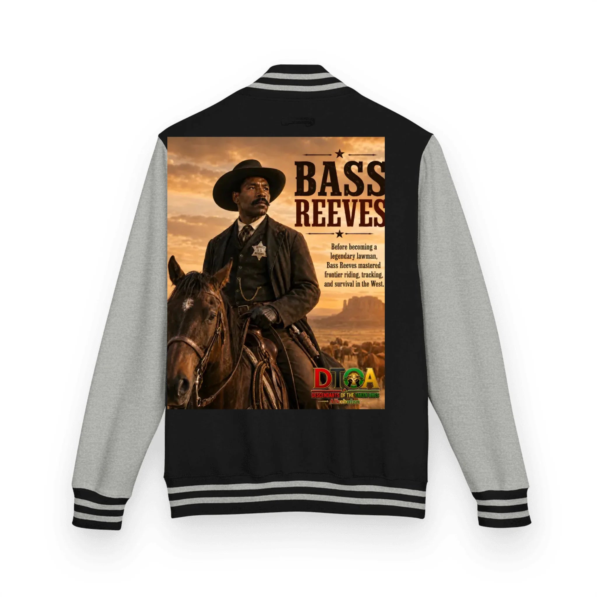 Custom Black History letterman jacket with DTOA artwork — varsity jacket in a contrast sleeve colorway
