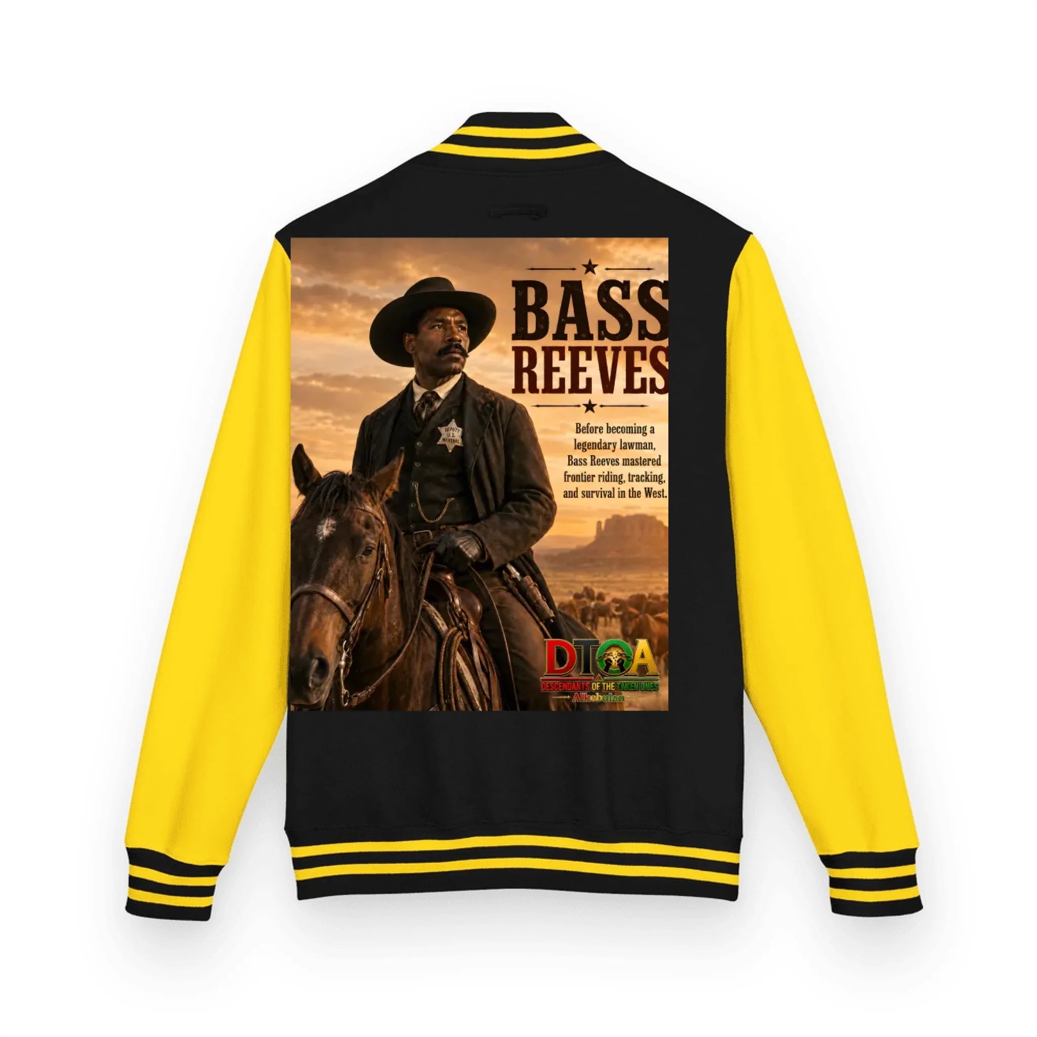 Custom Black History letterman jacket with DTOA artwork — varsity jacket showing ribbed collar, cuffs, and waistband