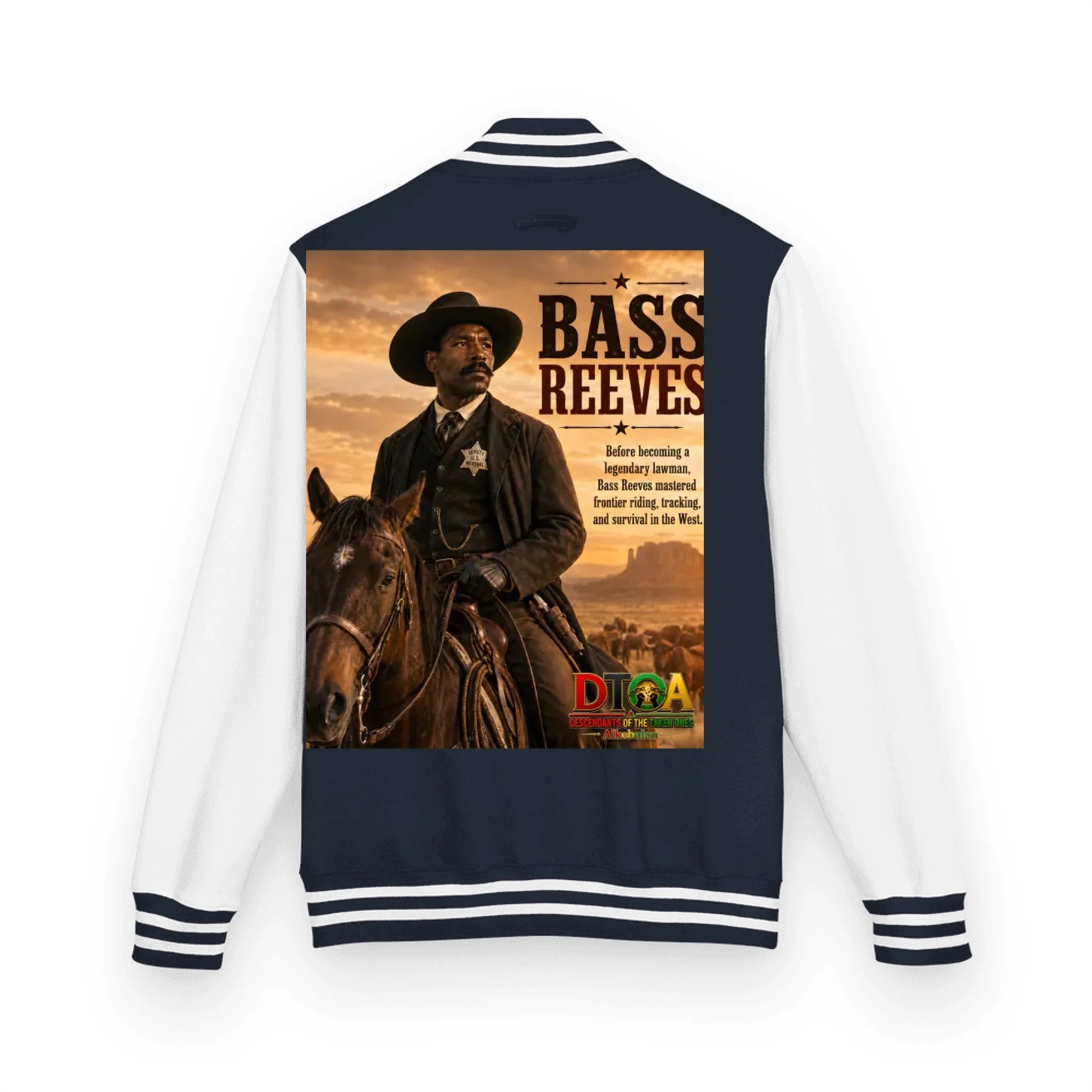 Custom Black History letterman jacket with DTOA artwork — back view showing the full printed design area