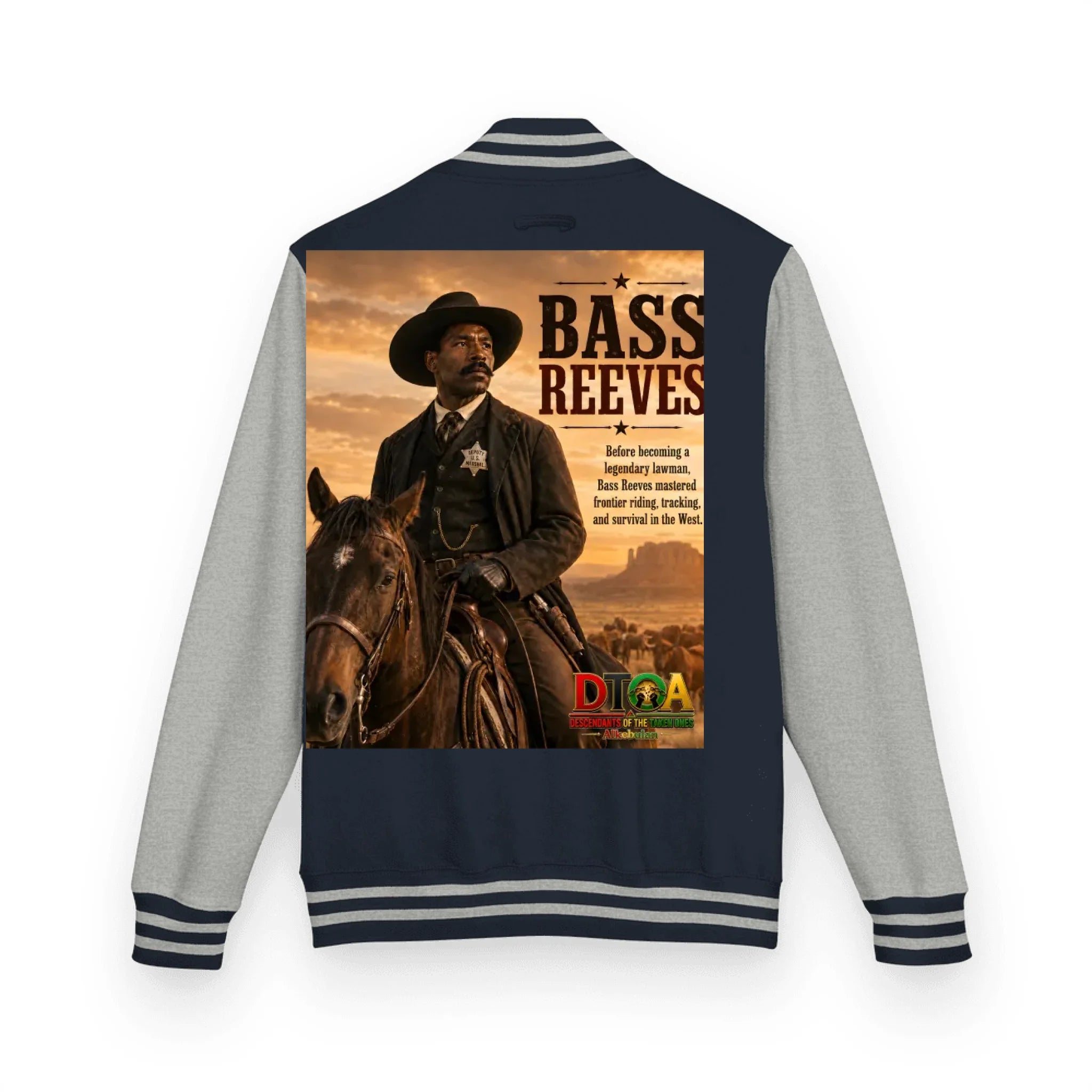 Custom Black History letterman jacket with DTOA artwork — alternate varsity jacket colorway, front view