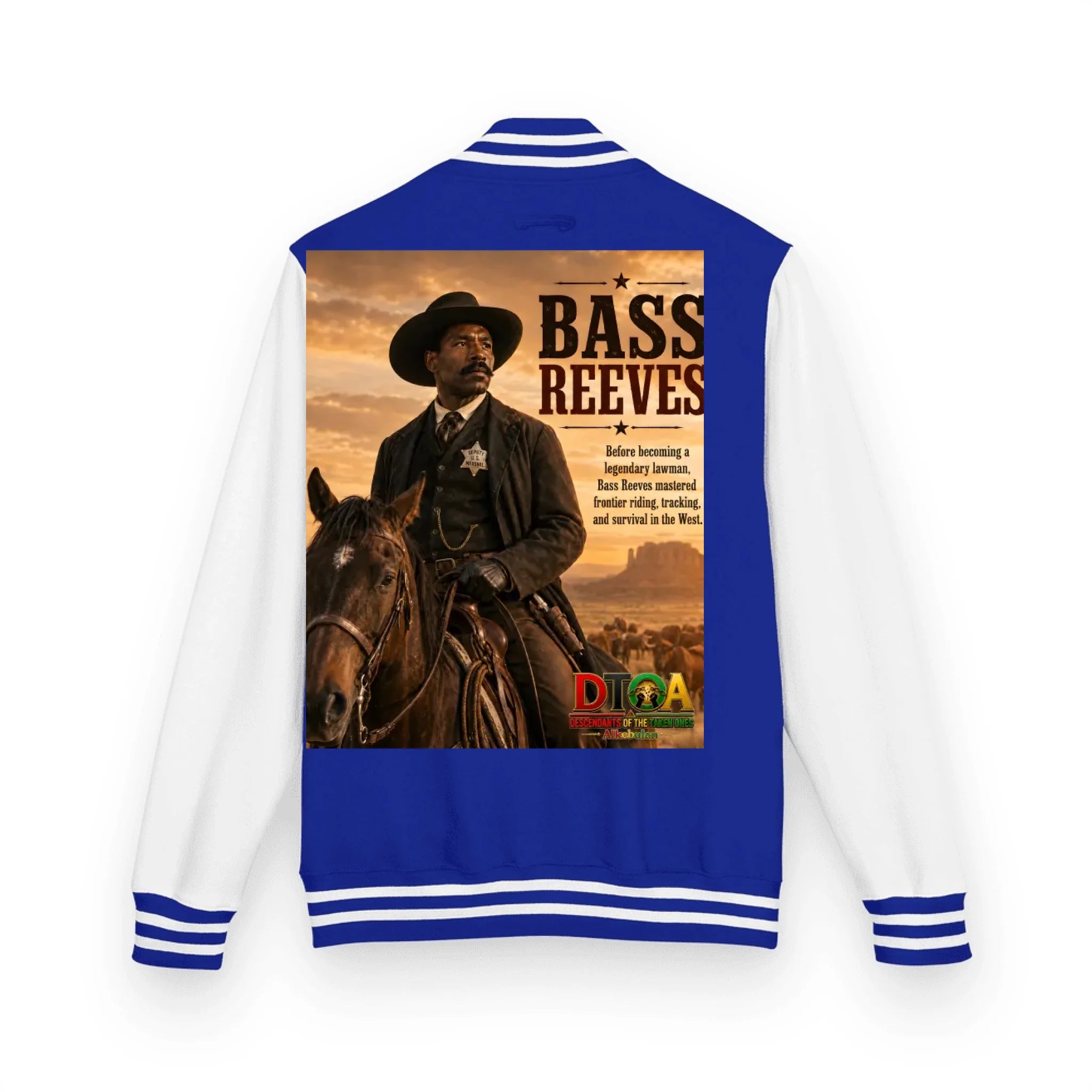 Custom Black History letterman jacket with DTOA artwork — alternate varsity jacket colorway, back view