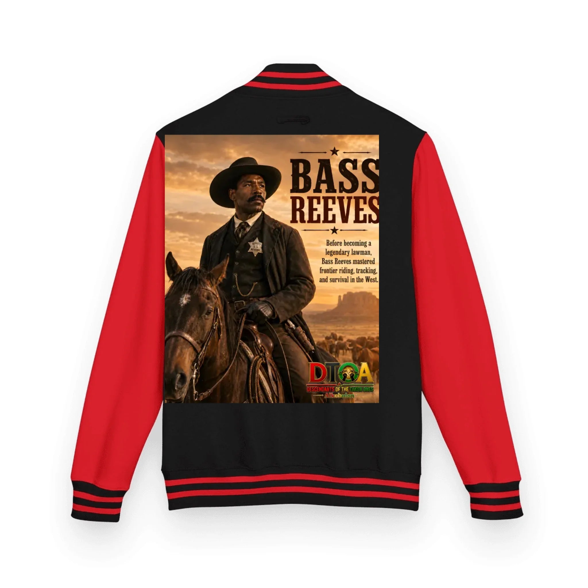Custom Black History letterman jacket with DTOA artwork — varsity jacket with brushed fleece interior, front view