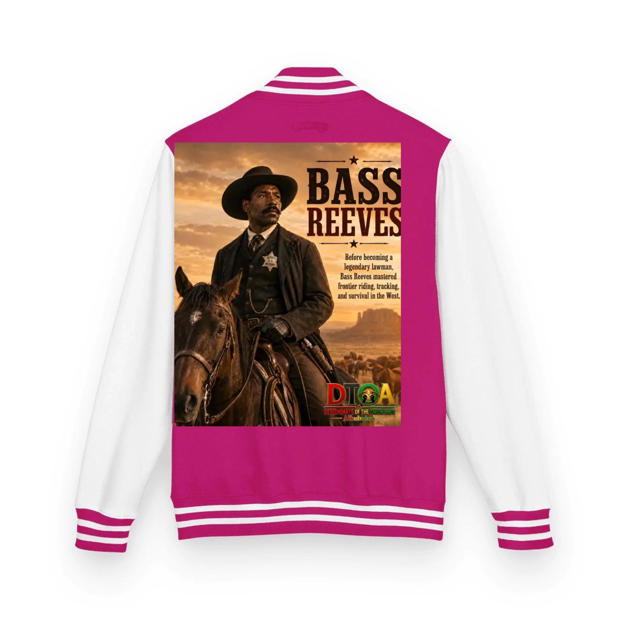 Custom Black History letterman jacket with DTOA artwork — varsity jacket, back view of the print area