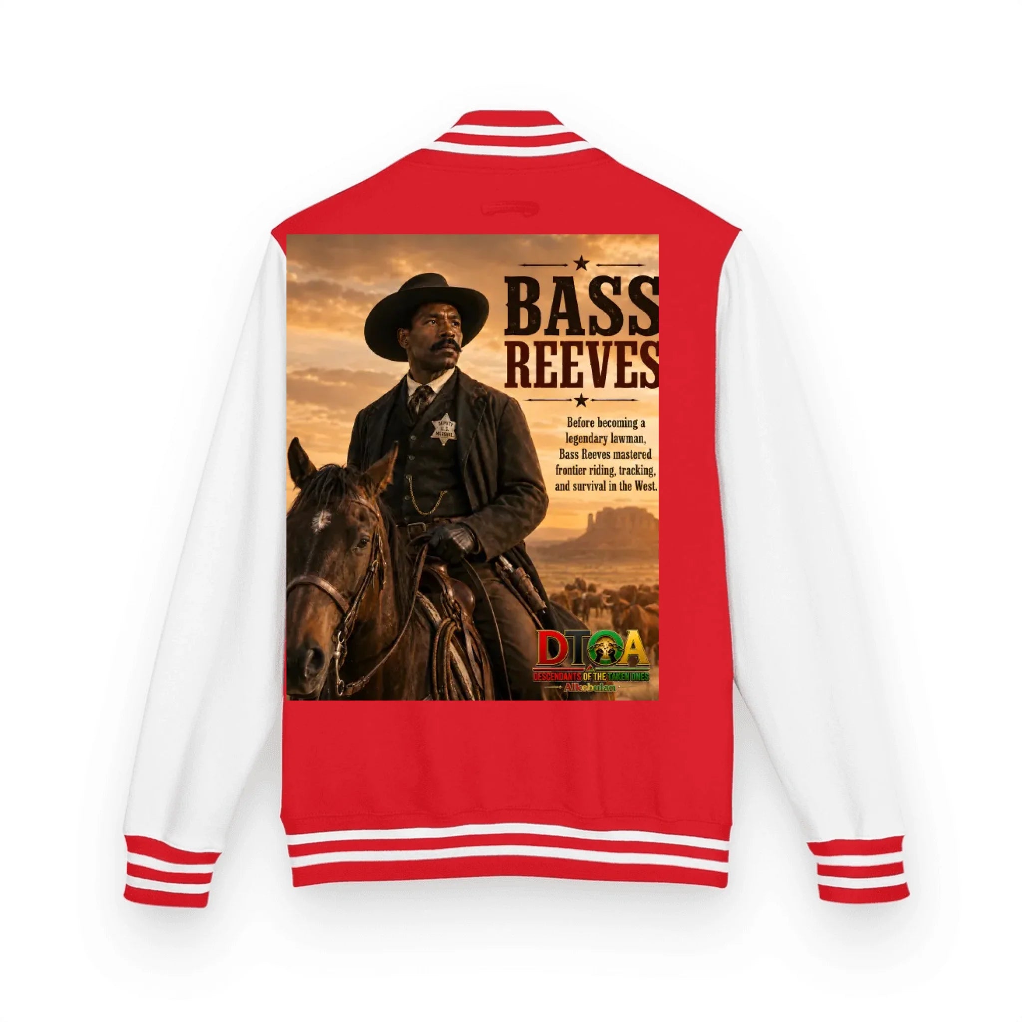 Custom Black History letterman jacket with DTOA artwork — detail view of the snap button front and contrast sleeves