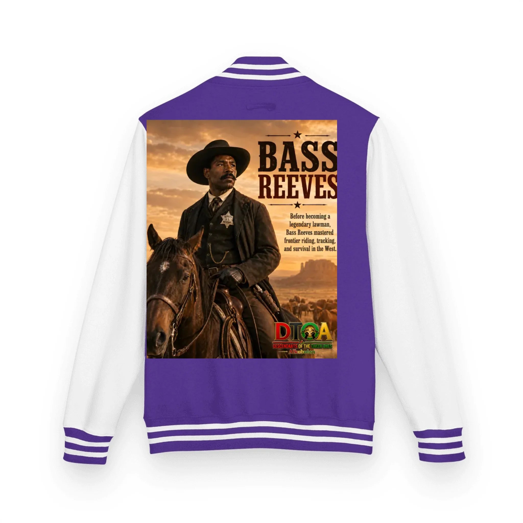 Custom Black History letterman jacket with DTOA artwork — final colorway view of the heavyweight varsity jacket