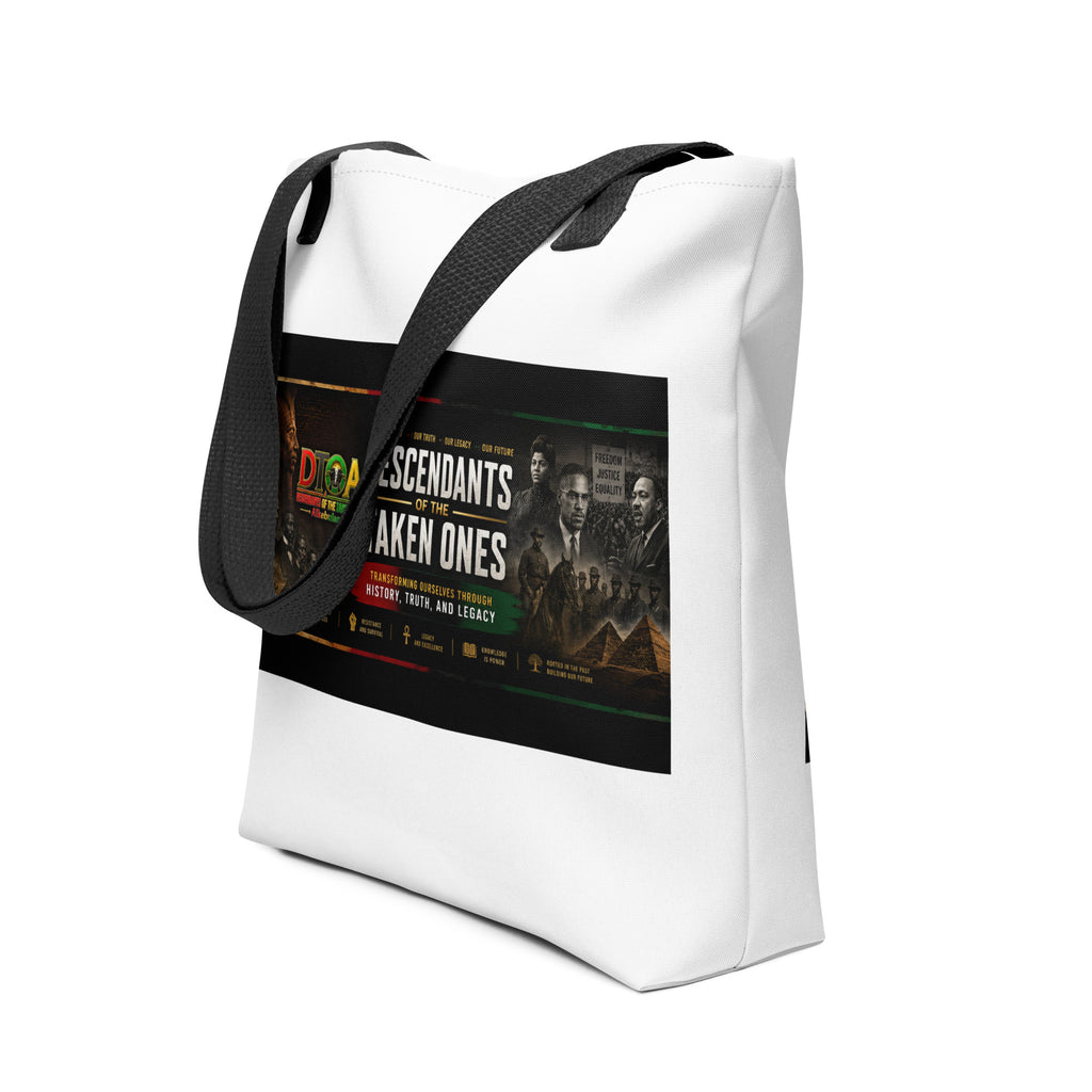 DTOA Classic all-over print tote bag with Descendants of the Taken Ones artwork — front view