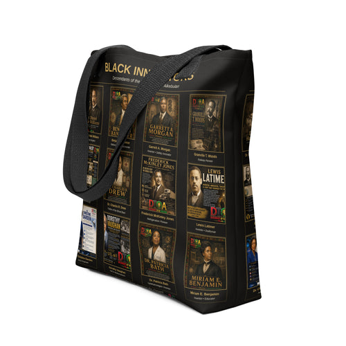 Black Innovators tote bag in Black & Gold — all-over montage of twelve pioneering Black inventors and scientists framed in gold