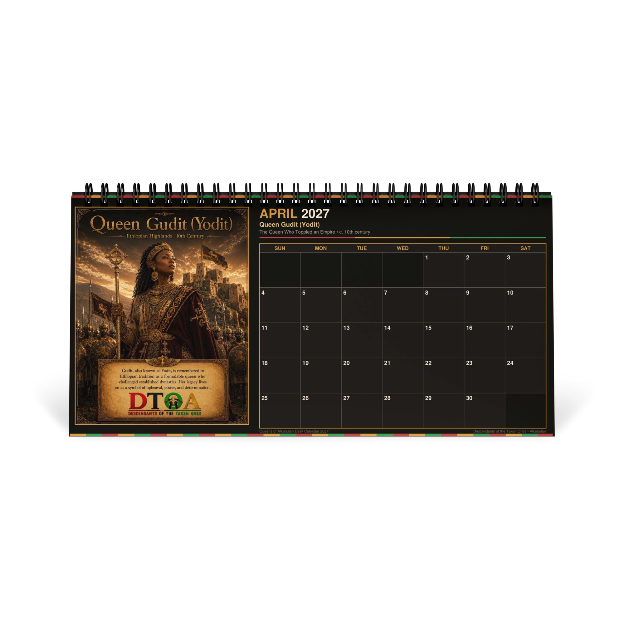 Queens of Alkebulan 2027 desktop calendar — front cover with original DTOA artwork of African queens