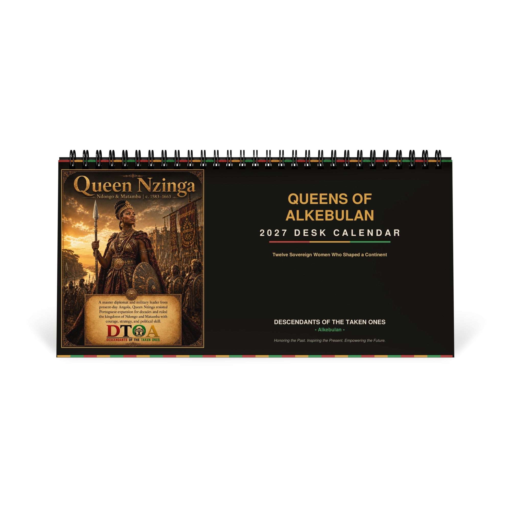 Queens of Alkebulan 2027 desktop calendar — month page 3 featuring African queen portrait artwork