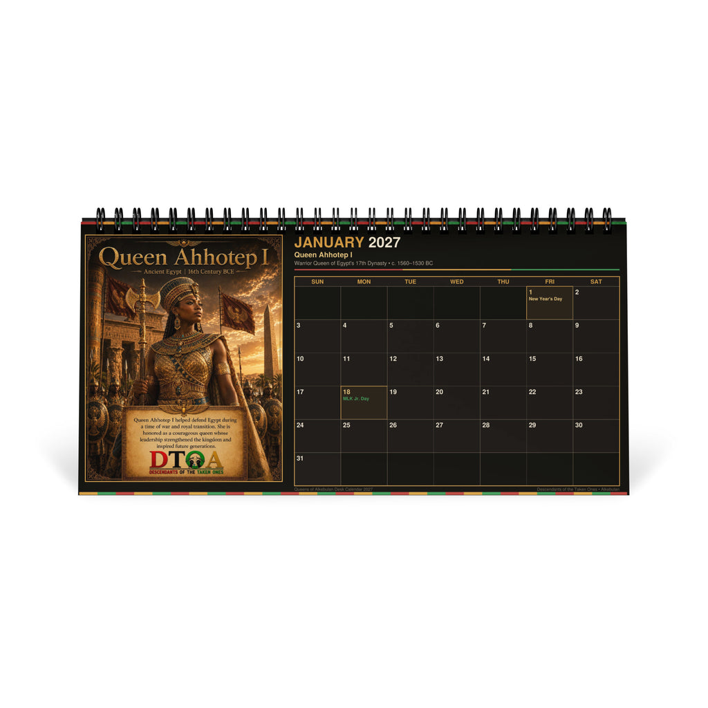 Queens of Alkebulan 2027 desktop calendar — month page 6 featuring African queen portrait artwork