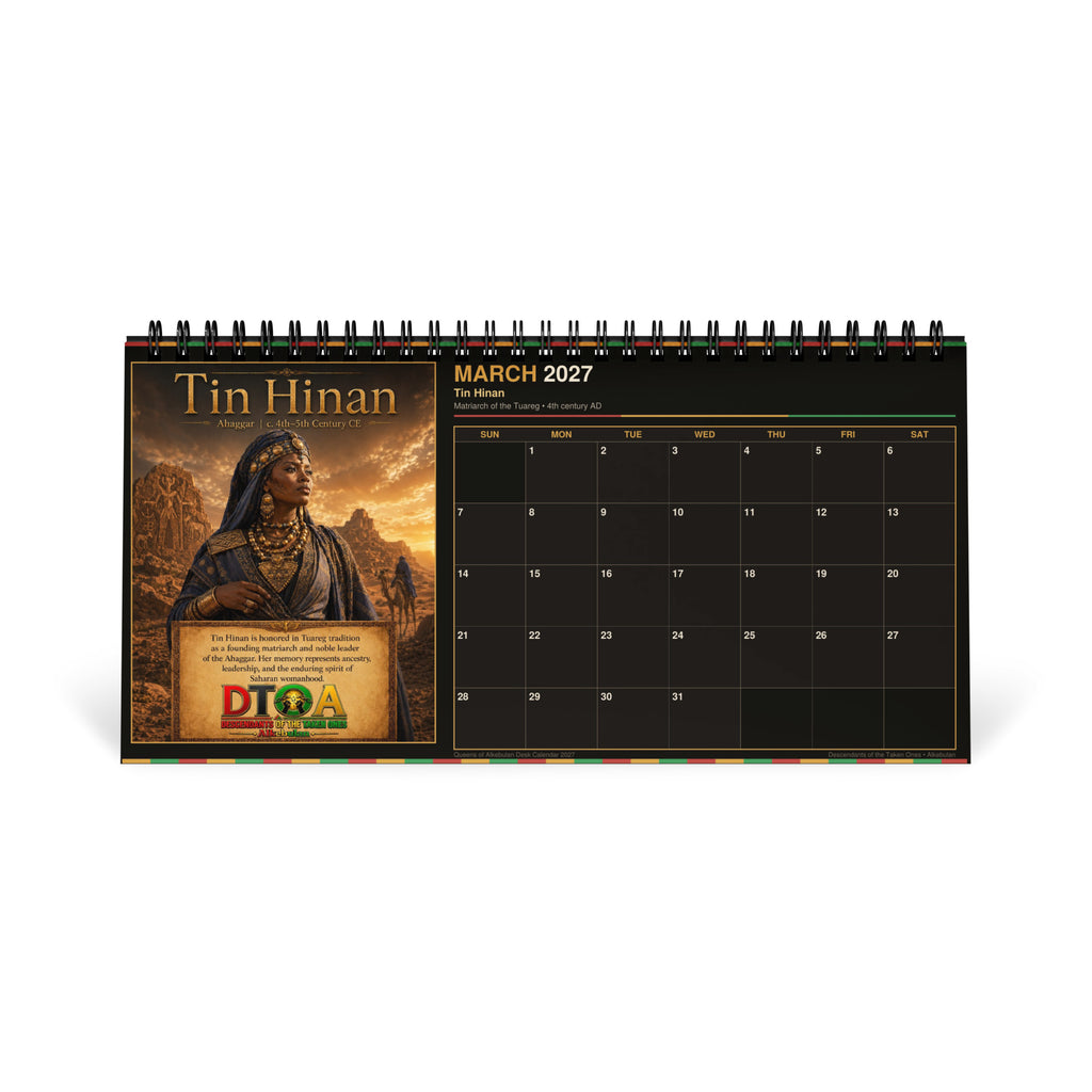 Queens of Alkebulan 2027 desktop calendar — month page 9 featuring African queen portrait artwork