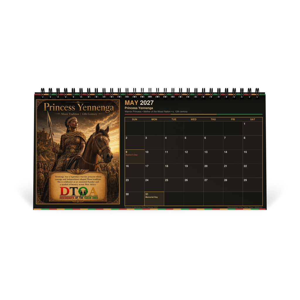 Queens of Alkebulan 2027 desktop calendar — month page 10 featuring African queen portrait artwork