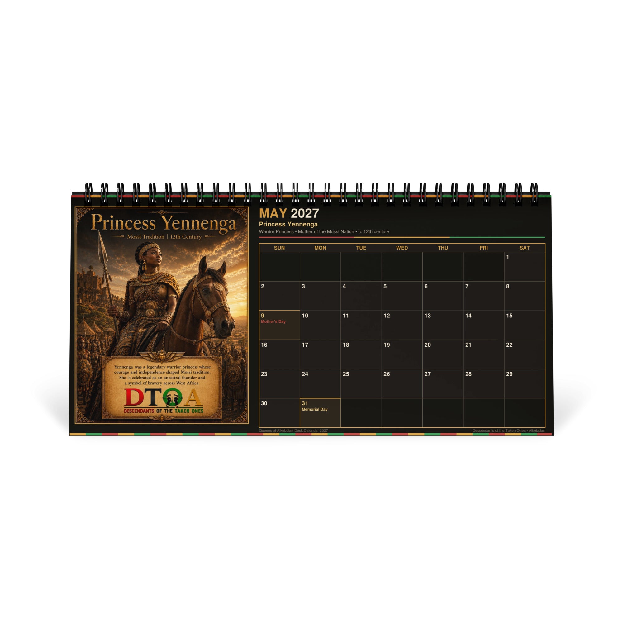 Queens of Alkebulan 2027 desktop calendar — month page 10 featuring African queen portrait artwork