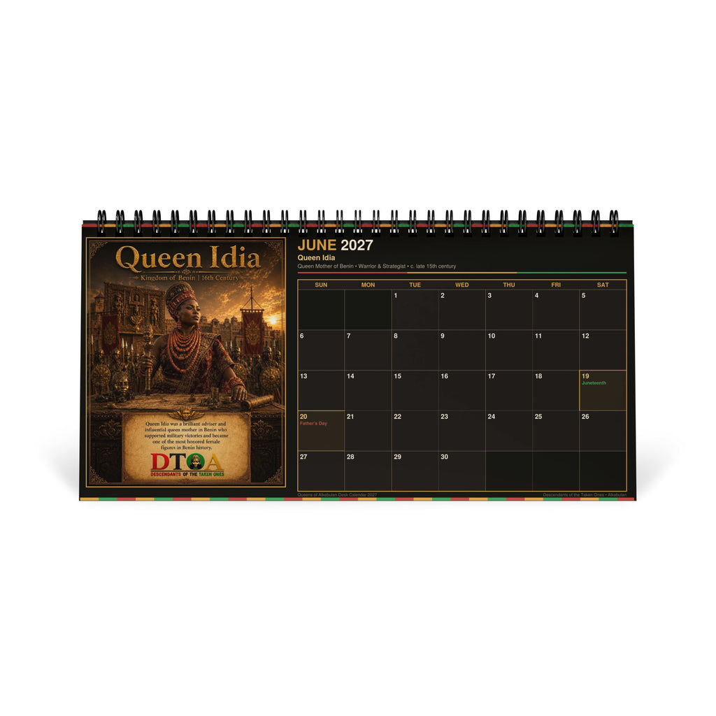 Queens of Alkebulan 2027 desktop calendar — month page 8 featuring African queen portrait artwork