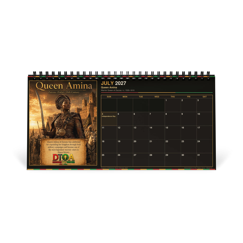 Queens of Alkebulan 2027 desktop calendar — month page 7 featuring African queen portrait artwork