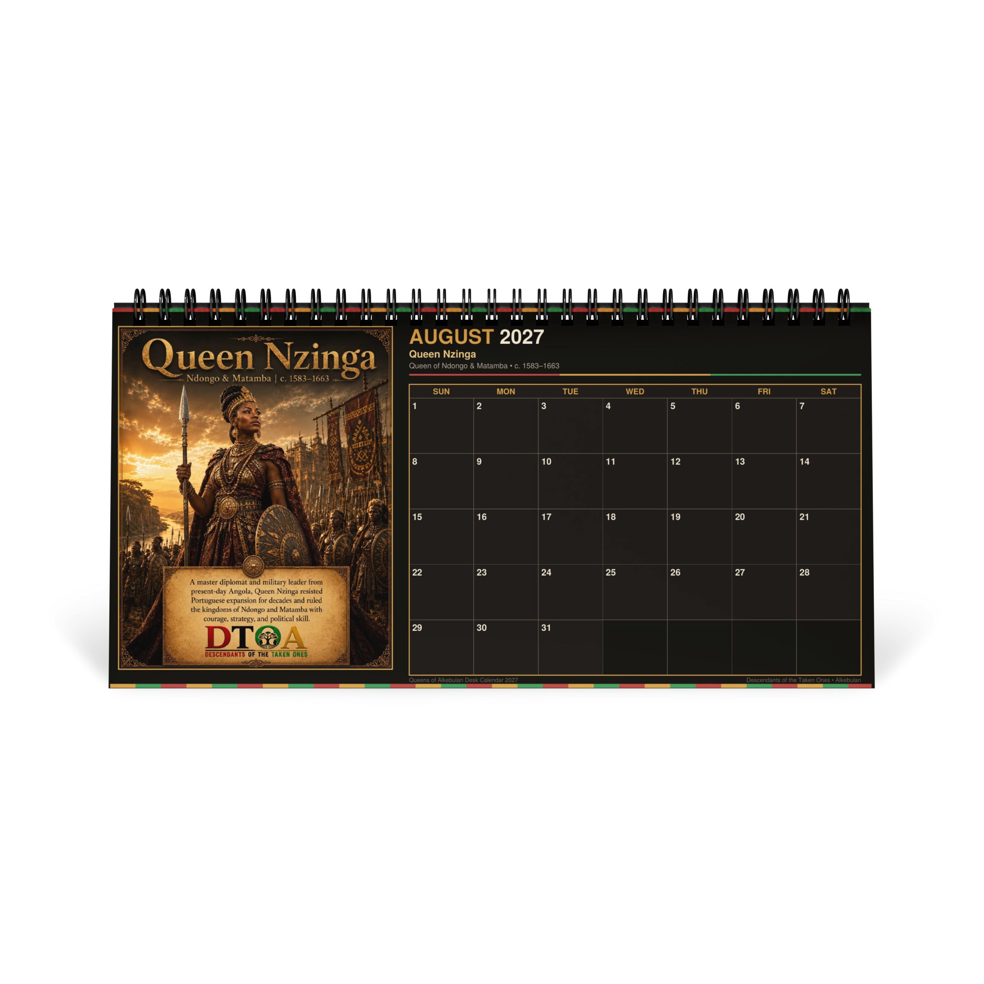 Queens of Alkebulan 2027 desktop calendar — month page 2 featuring African queen portrait artwork