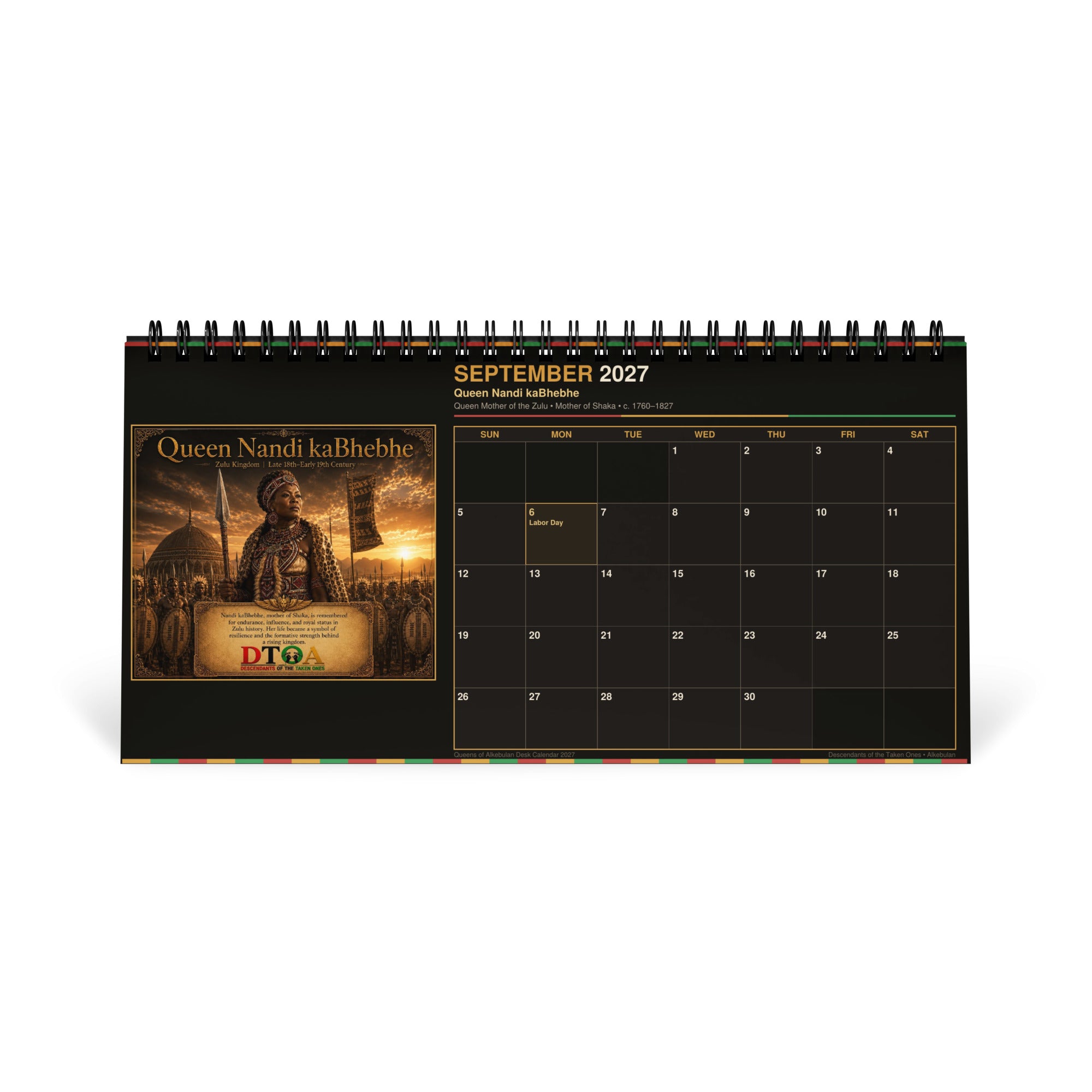 Queens of Alkebulan 2027 desktop calendar — product photo showing the calendar's print detail