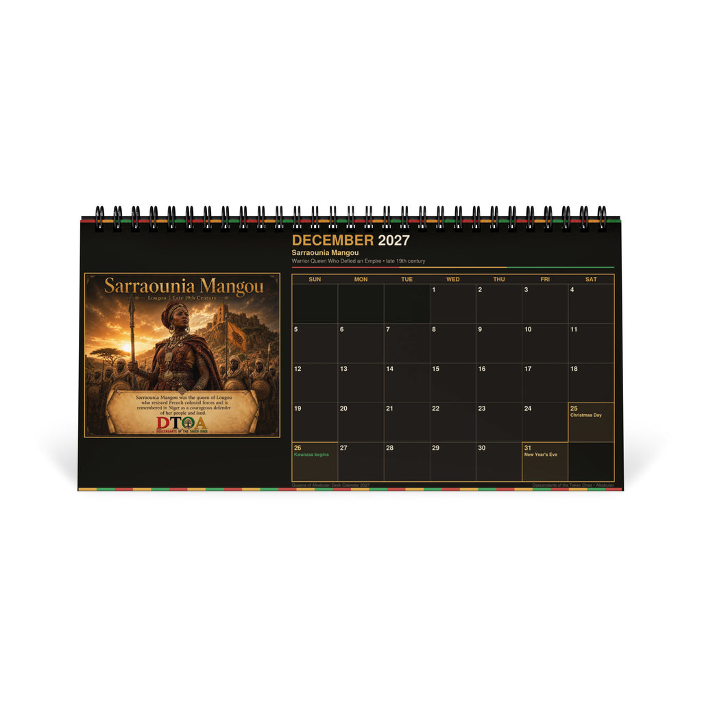 Queens of Alkebulan 2027 desktop calendar — month page 4 featuring African queen portrait artwork