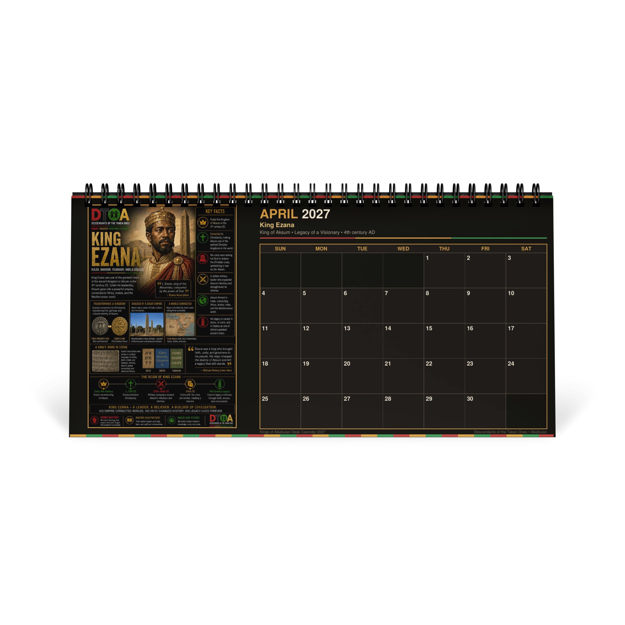 Kings of Alkebulan 2027 desktop calendar — front cover with original DTOA artwork of African kings