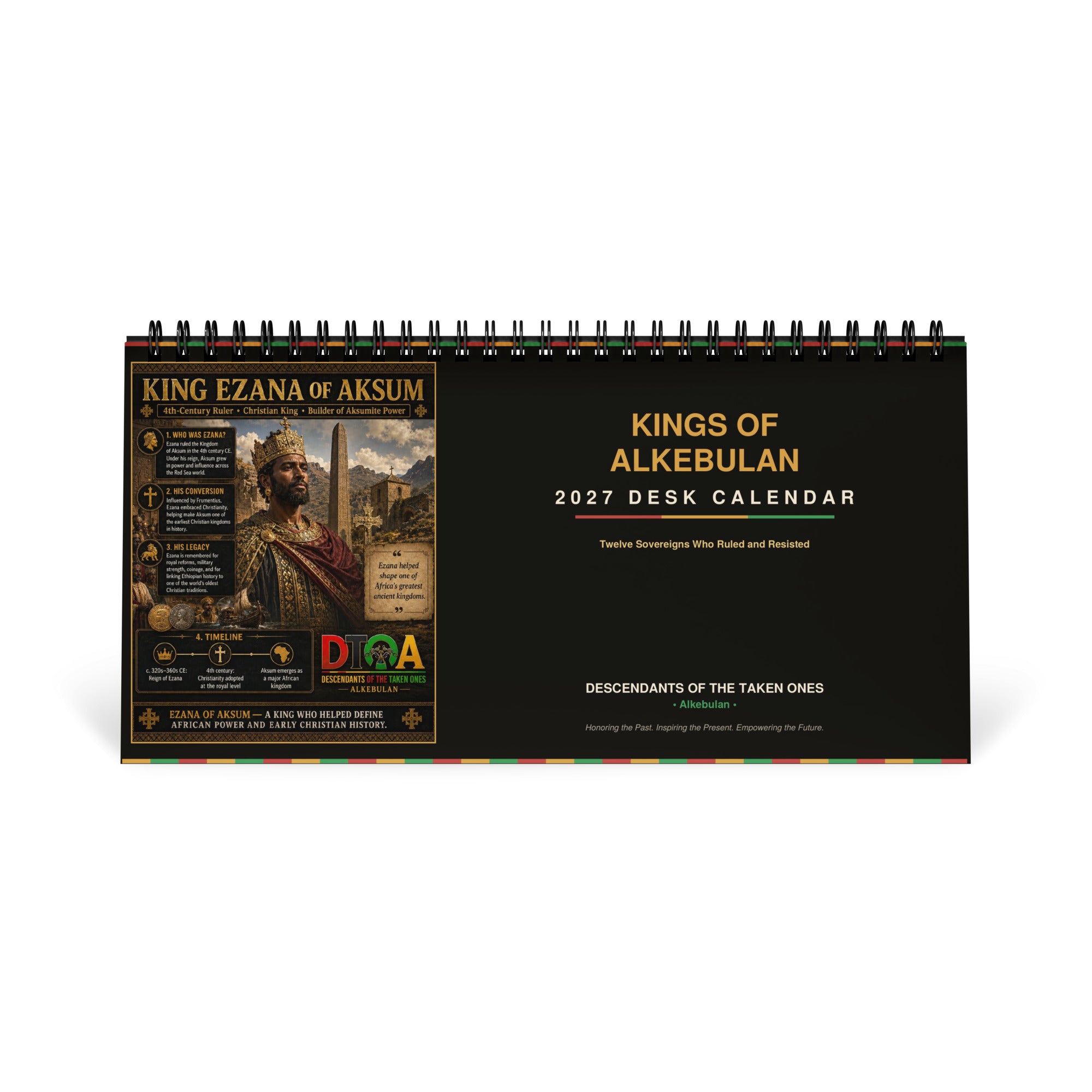 Kings of Alkebulan 2027 desktop calendar — month page 3 featuring African king portrait artwork