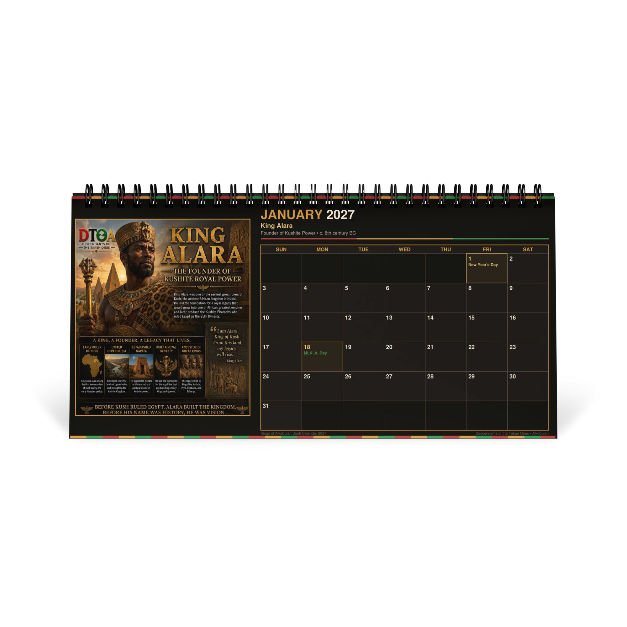 Kings of Alkebulan 2027 desktop calendar — month page 6 featuring African king portrait artwork