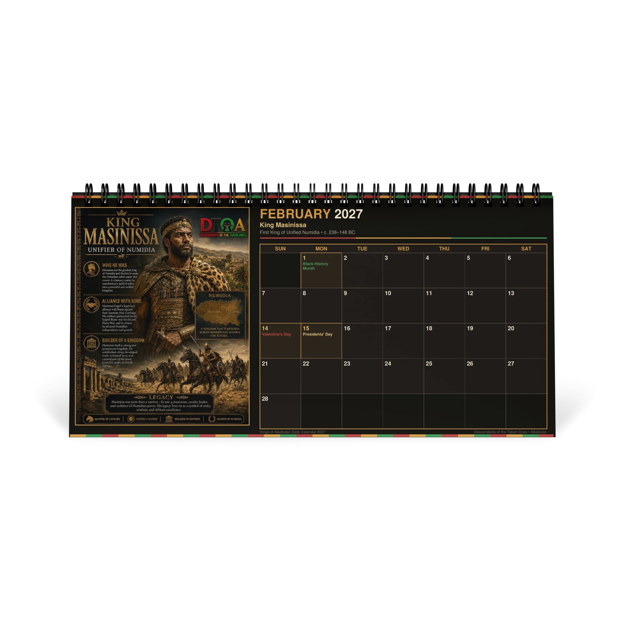 Kings of Alkebulan 2027 desktop calendar — month page 5 featuring African king portrait artwork