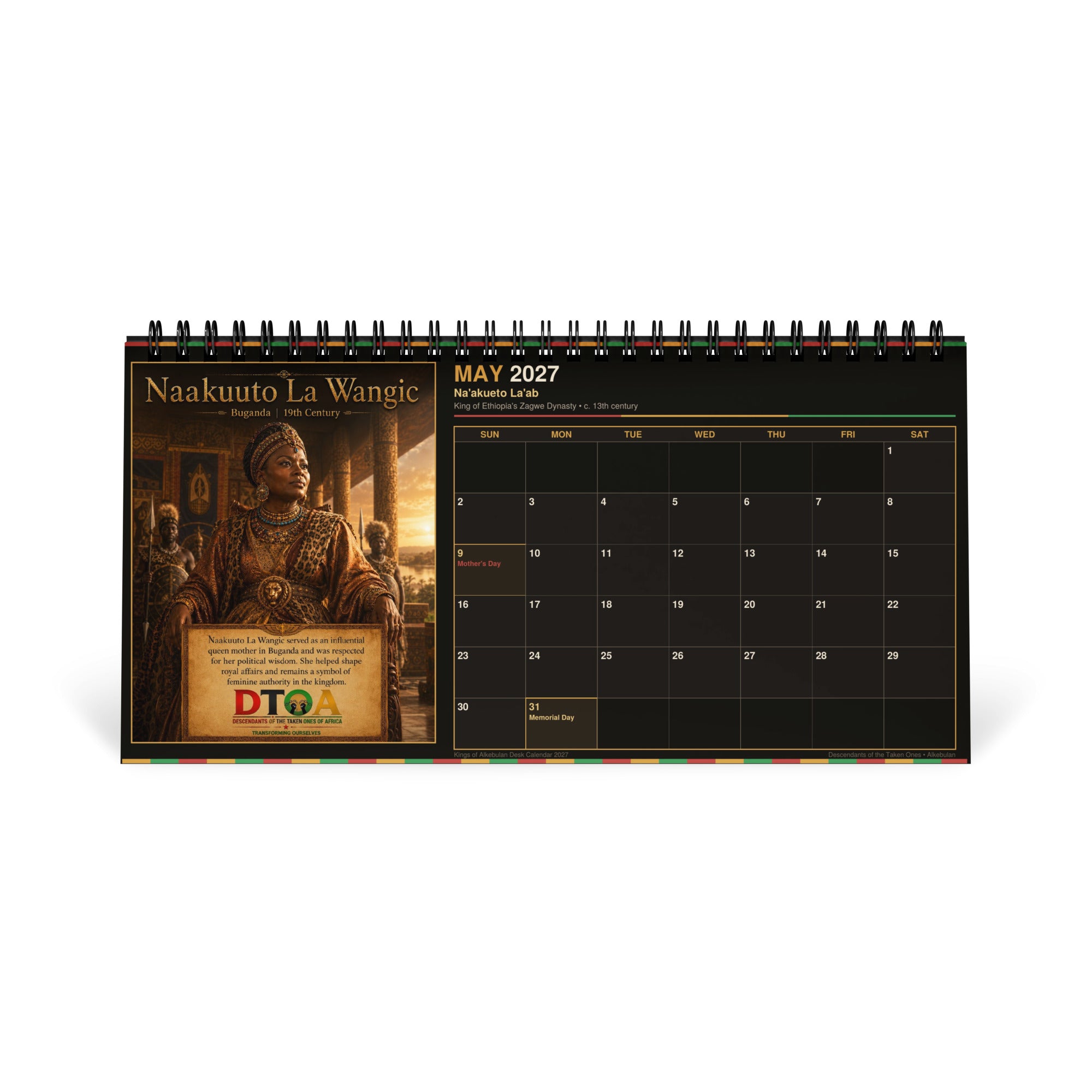 Kings of Alkebulan 2027 desktop calendar — month page 10 featuring African king portrait artwork
