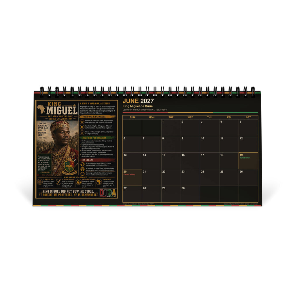 Kings of Alkebulan 2027 desktop calendar — month page 8 featuring African king portrait artwork