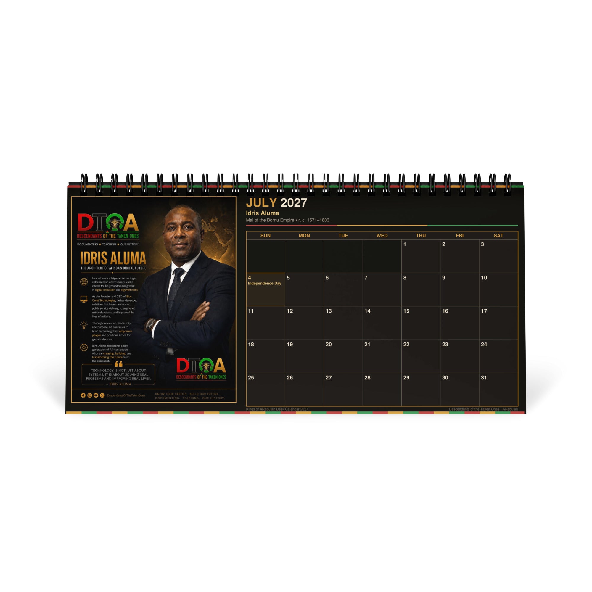 Kings of Alkebulan 2027 desktop calendar — month page 7 featuring African king portrait artwork