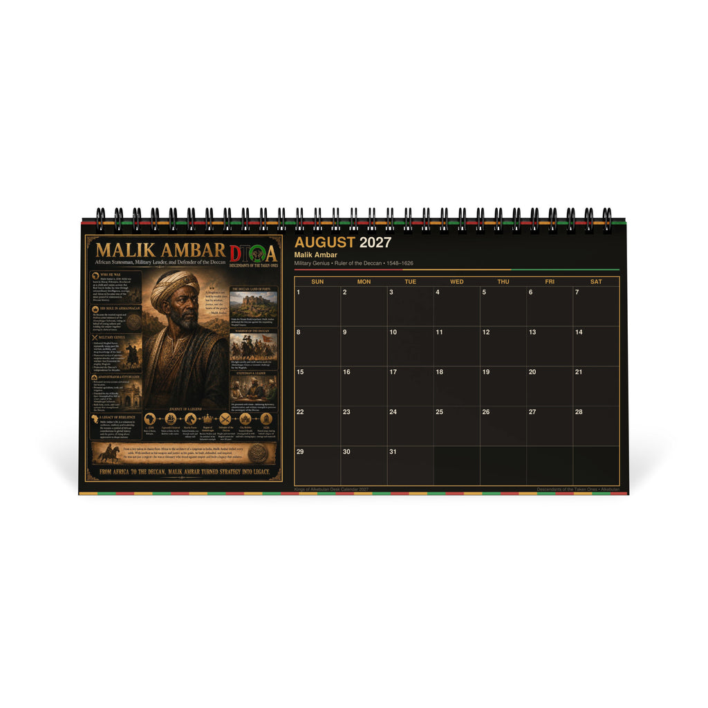Kings of Alkebulan 2027 desktop calendar — month page 2 featuring African king portrait artwork