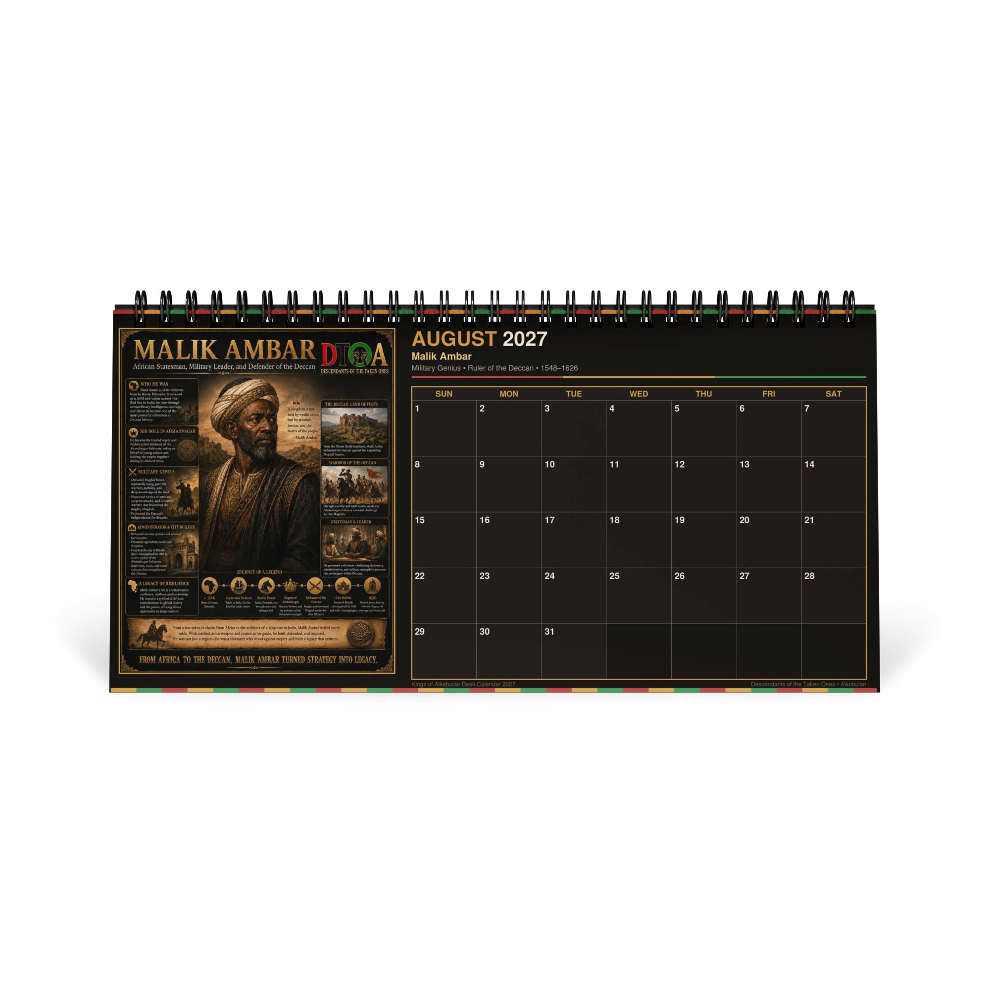 Kings of Alkebulan 2027 desktop calendar — month page 2 featuring African king portrait artwork