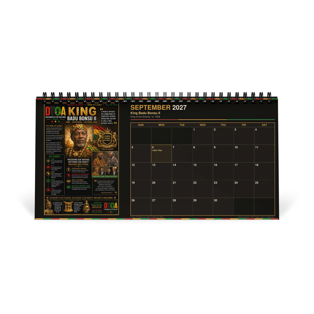 Kings of Alkebulan 2027 desktop calendar — product photo showing the calendar's print detail