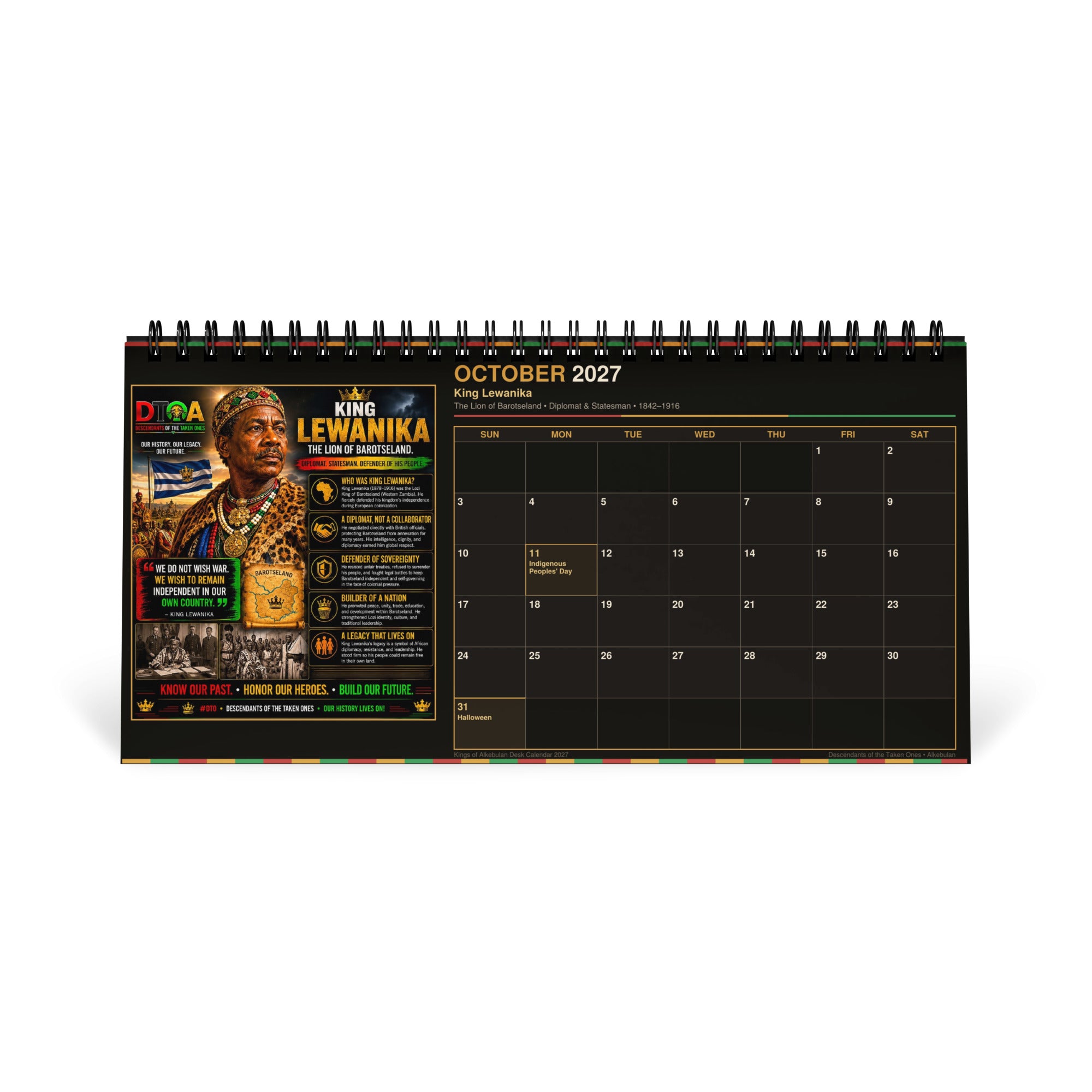 Kings of Alkebulan 2027 desktop calendar — product photo showing the calendar on a desk