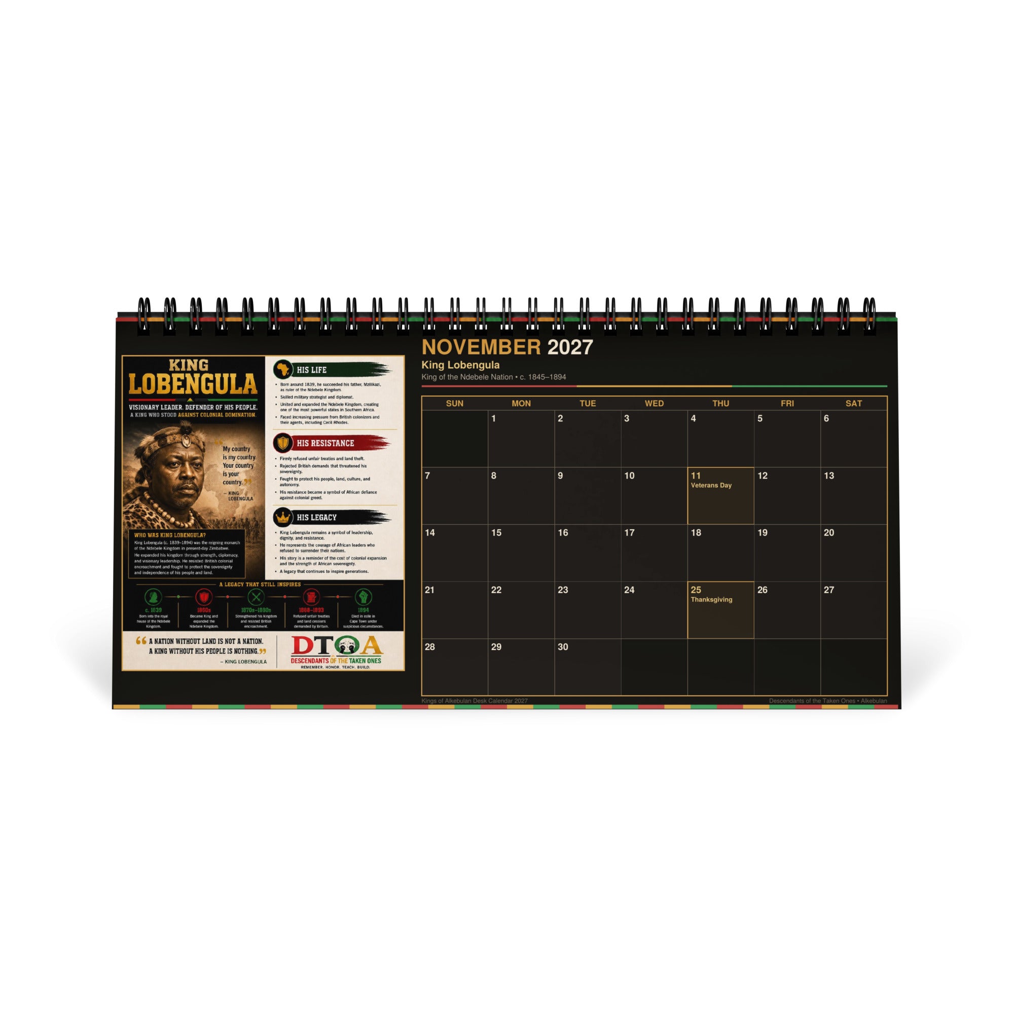 Kings of Alkebulan 2027 desktop calendar — product photo showing the standing desktop calendar and its DTOA artwork