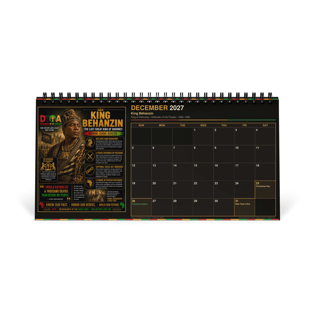 Kings of Alkebulan 2027 desktop calendar — month page 4 featuring African king portrait artwork