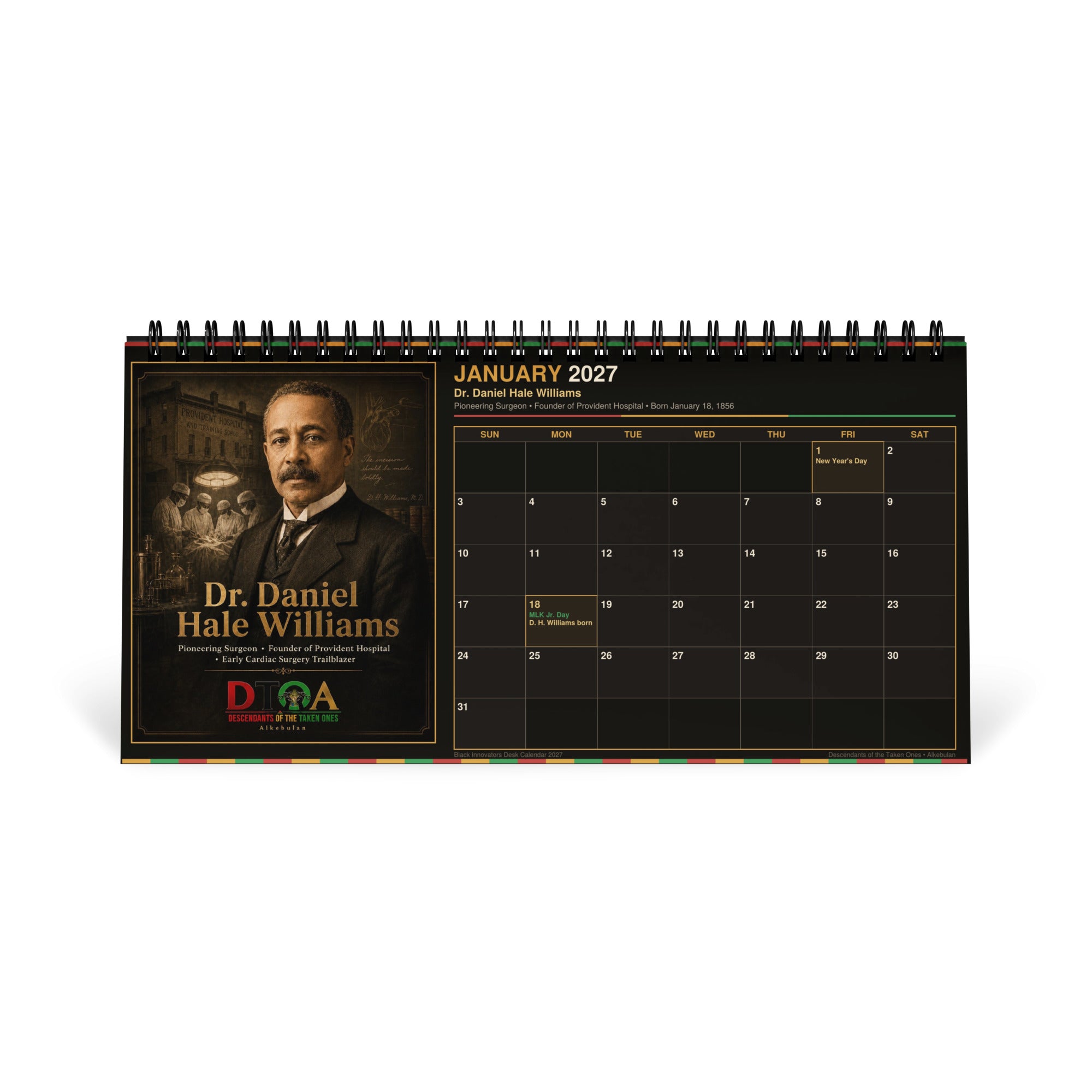 Black Innovators 2027 desktop calendar — month page 6 featuring Black inventor portrait artwork
