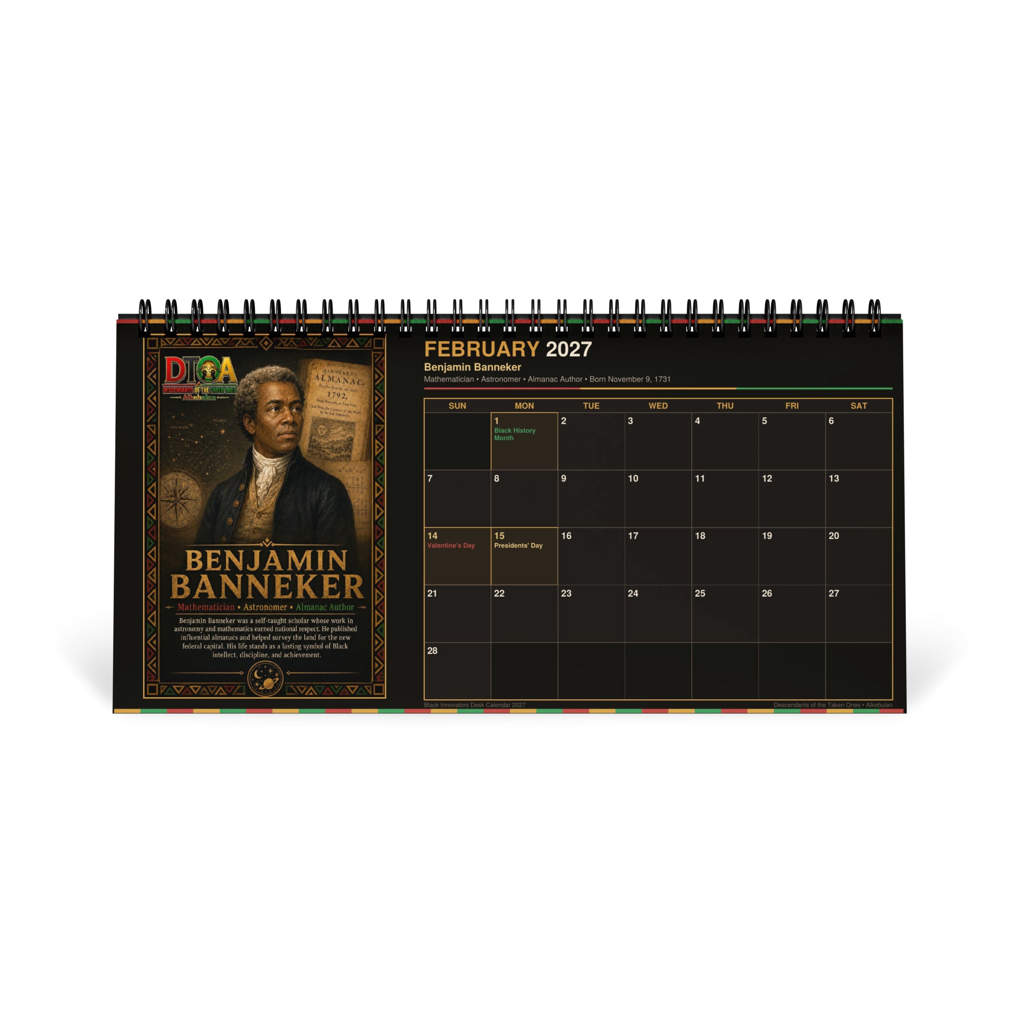 Black Innovators 2027 desktop calendar — month page 5 featuring Black inventor portrait artwork
