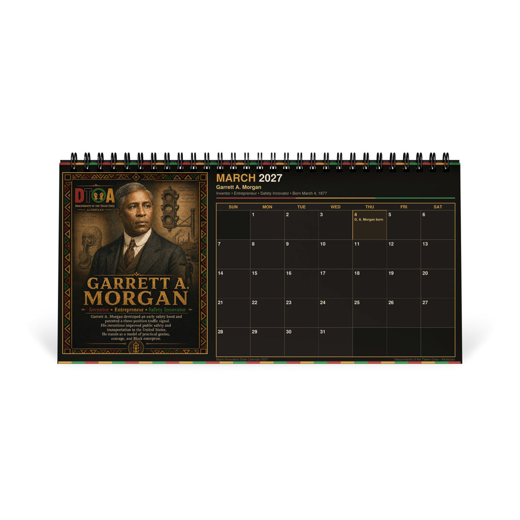 Black Innovators 2027 desktop calendar — month page 9 featuring Black inventor portrait artwork