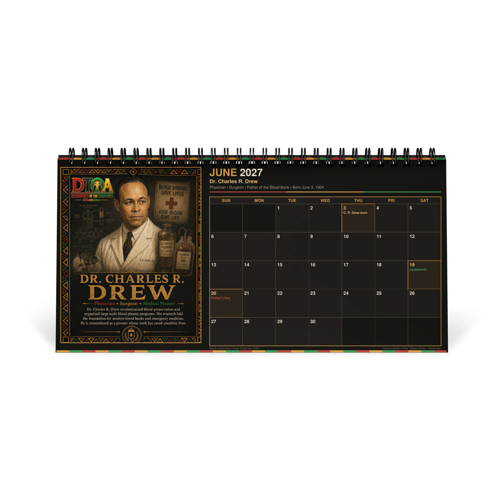 Black Innovators 2027 desktop calendar — month page 8 featuring Black inventor portrait artwork