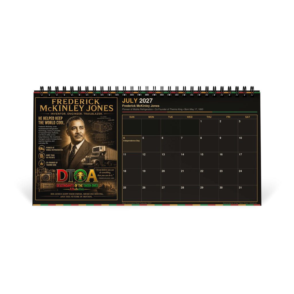Black Innovators 2027 desktop calendar — month page 7 featuring Black inventor portrait artwork