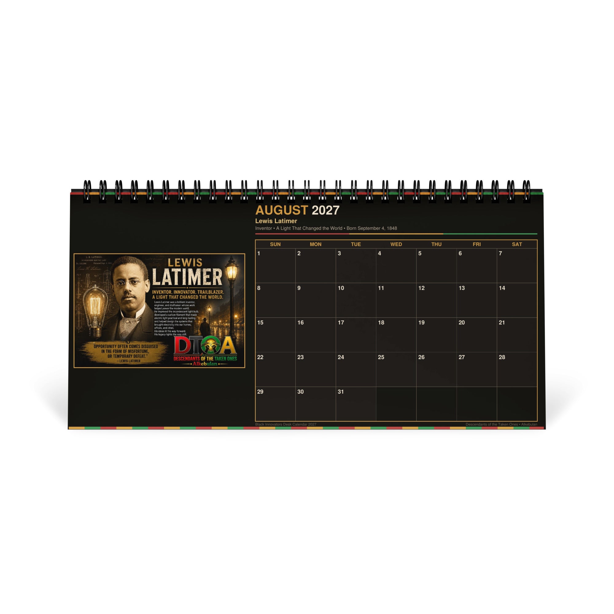 Black Innovators 2027 desktop calendar — month page 2 featuring Black inventor portrait artwork