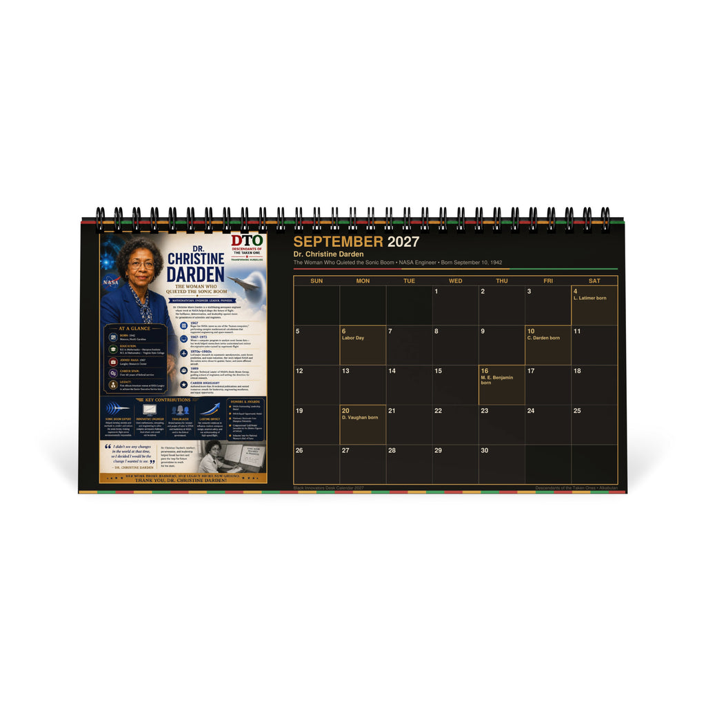 Black Innovators 2027 desktop calendar — product photo showing the calendar's print detail