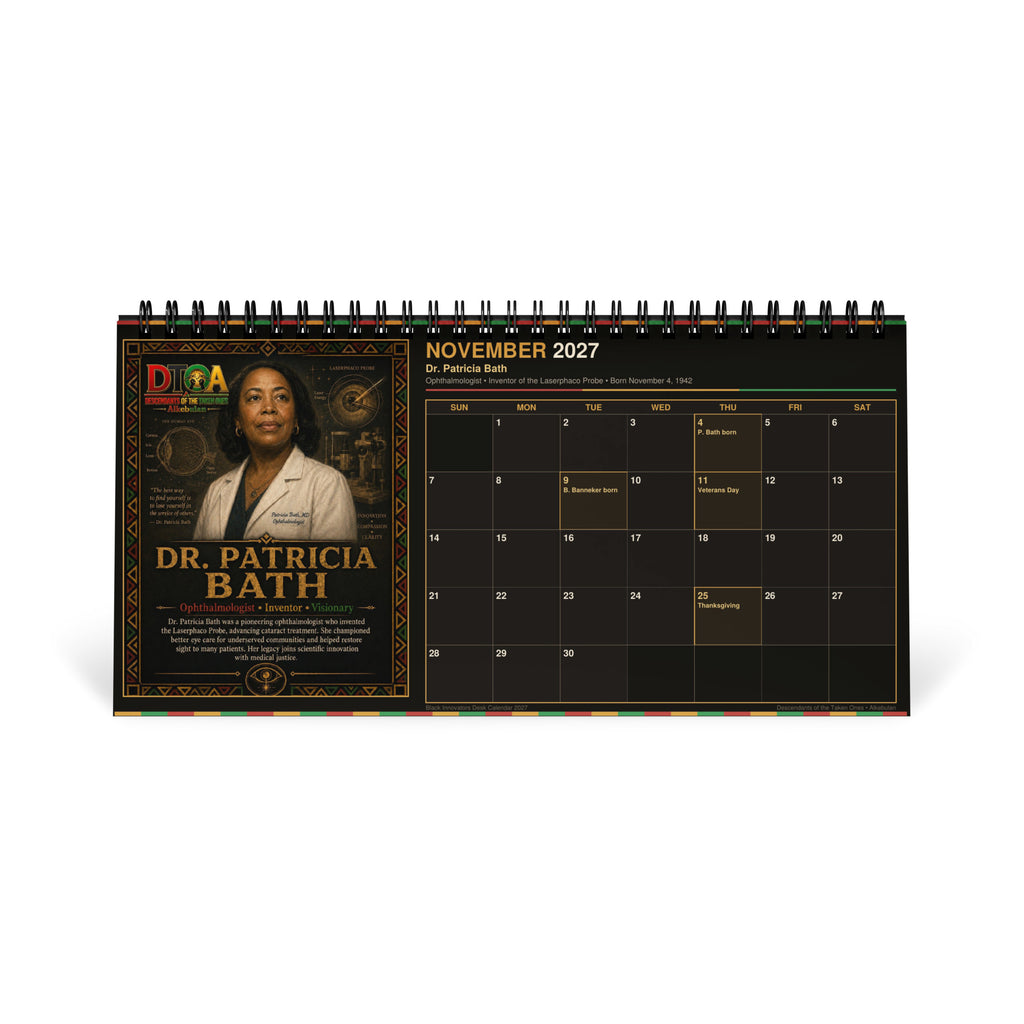 Black Innovators 2027 desktop calendar — product photo showing the standing calendar and its DTOA inventor portraits