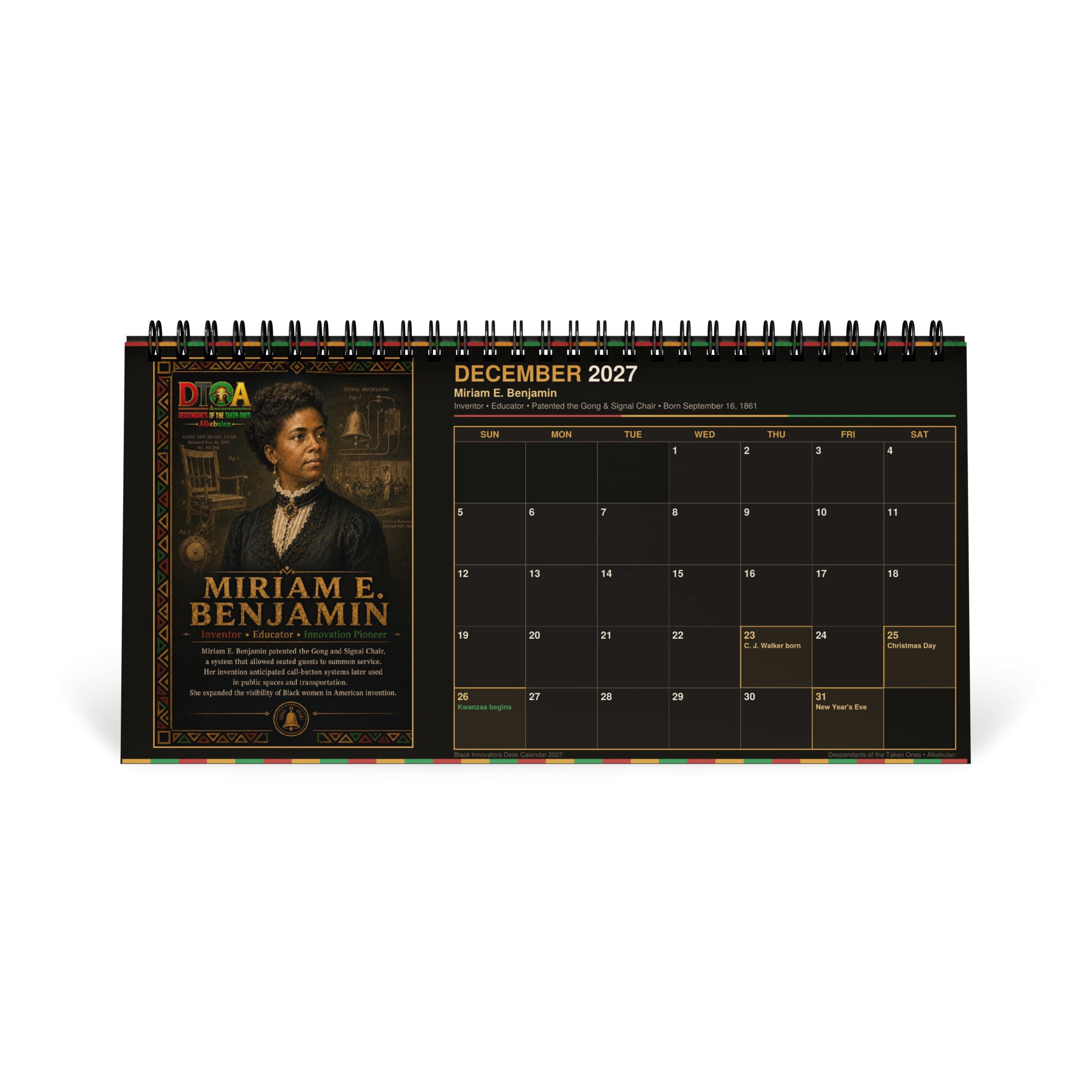 Black Innovators 2027 desktop calendar — month page 4 featuring Black inventor portrait artwork