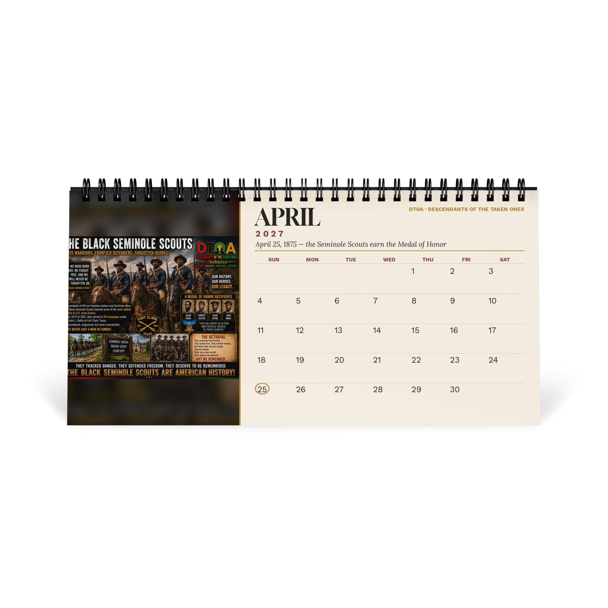 American Legends 2027 Black History desktop calendar — April page featuring the Black Seminole Scouts, Medal of Honor recipients