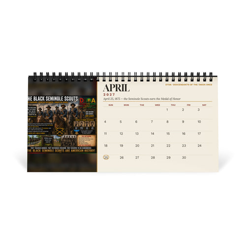 American Legends 2027 Black History desktop calendar — April page featuring the Black Seminole Scouts, Medal of Honor recipients