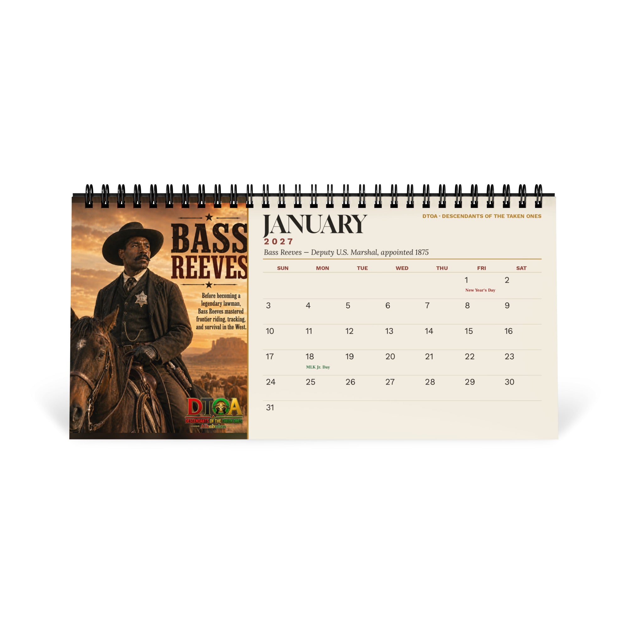 American Legends 2027 Black History desktop calendar — January page featuring Bass Reeves, Deputy U.S. Marshal of the American West