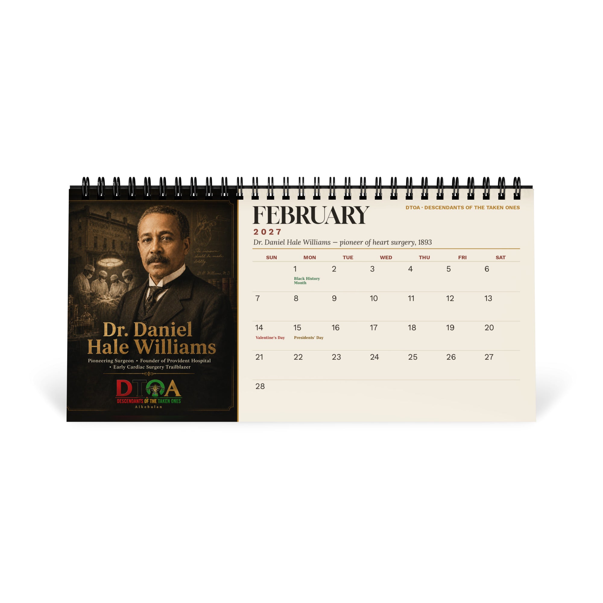 American Legends 2027 Black History desktop calendar — February page featuring Dr. Daniel Hale Williams, pioneer of heart surgery